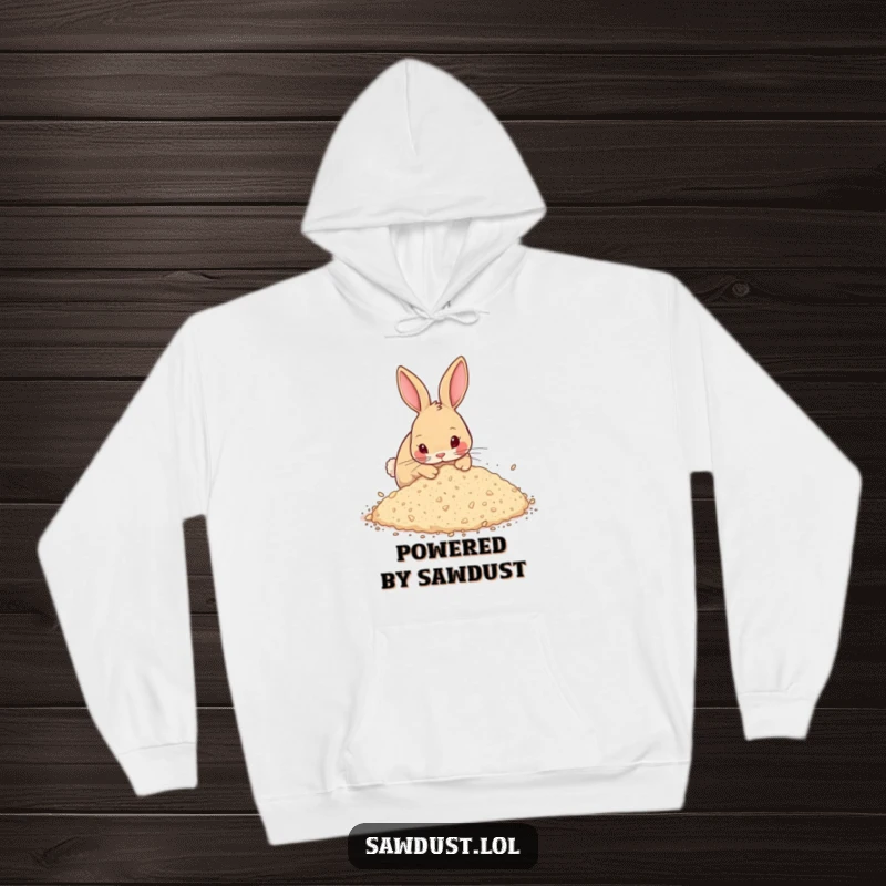 Funny Hoodie depicting a curious rabbit energetically digging deep within a mountain of sawdust, radiating pure joy and fun.