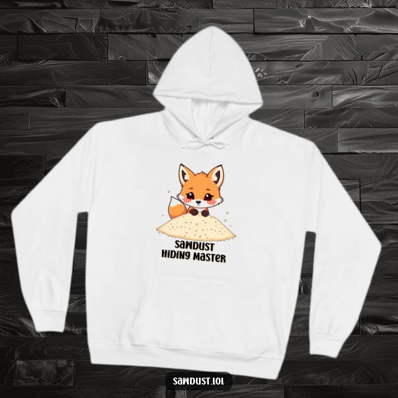 Funny hoodie featuring a playful cartoon fox peeking out curiously from a pile of sawdust, radiating warmth and fun.