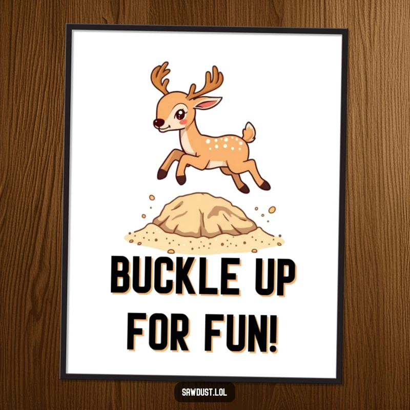 Funny Free Printable Wall Art: A deer energetically bouncing over a small mound of sawdust, creating a humorous scene.