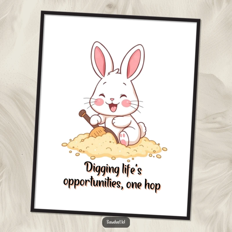Funny Free Printable Wall Art: A cheerful rabbit digging happily through sawdust. Whimsical downloadable decor.