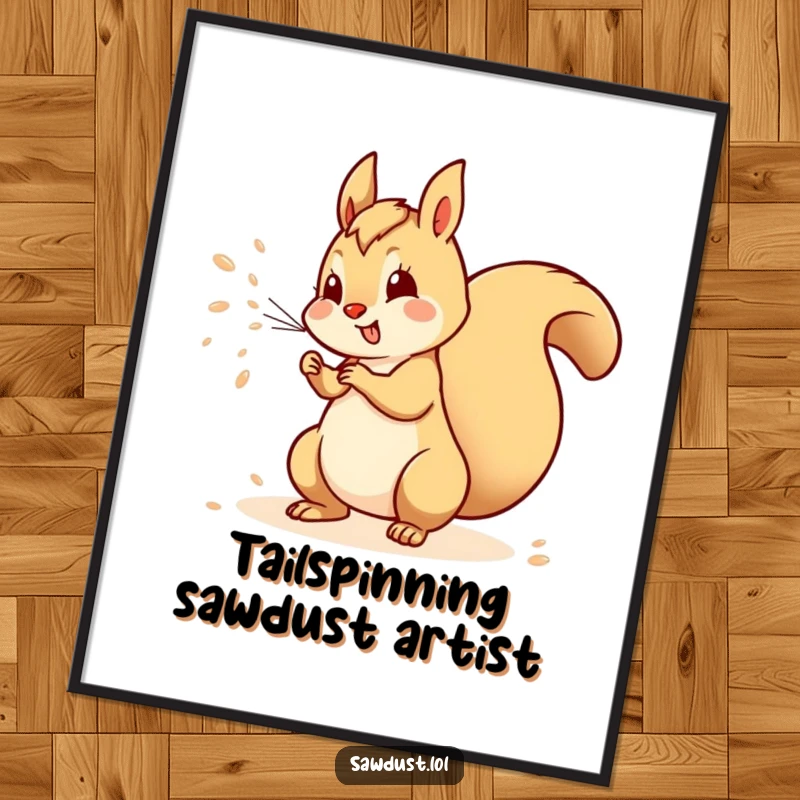 Funny Free Printable Wall Art: Playful squirrel energetically spraying sawdust with its tail, creating a chaotic masterpiece.