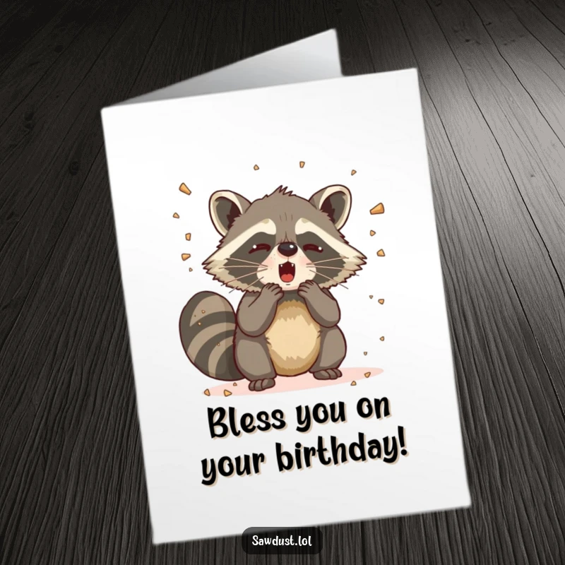 Funny Free Printable Birthday Card: Comical raccoon dramatically sneezing sawdust everywhere, perfect for a messy birthday wish.