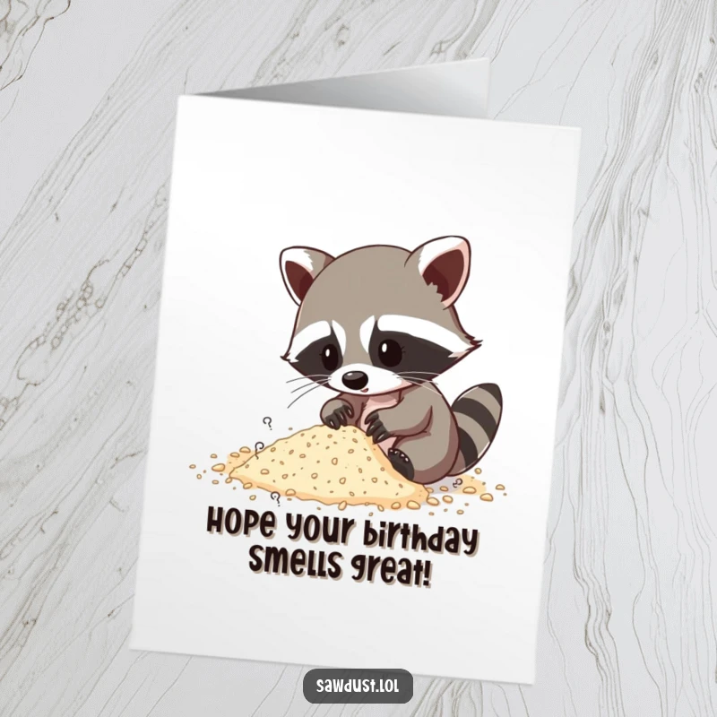Funny Free Printable Birthday Card: A raccoon intently sifting through sawdust, searching for birthday surprises with a mischievous glint.