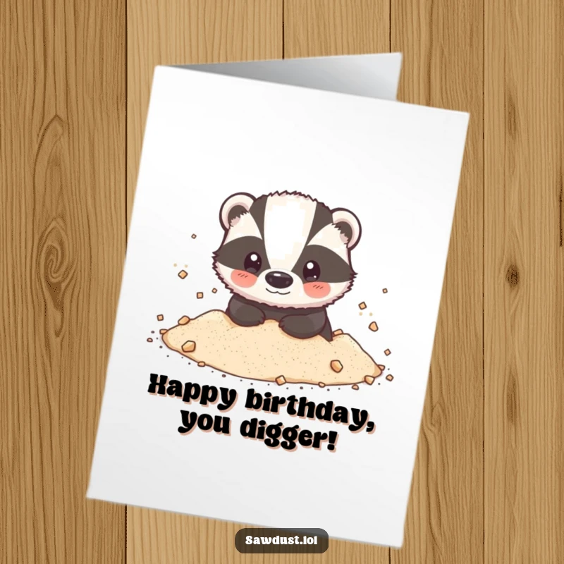 Funny Free Printable Birthday Card: A small badger happily covered in sawdust, looking endearingly messy, birthday fun, instant download.