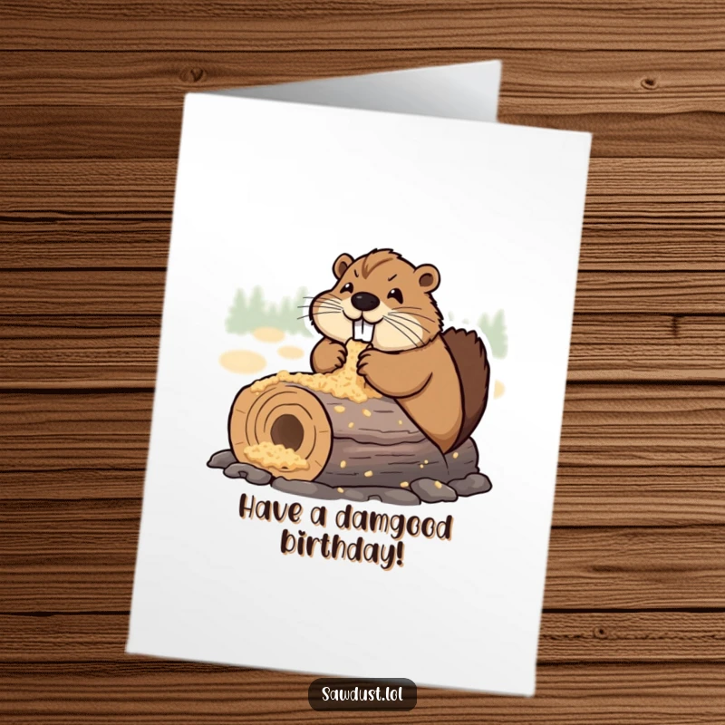 Funny Free Printable Birthday Card: Determined beaver happily chewing a sawdust log, celebrating a gnaw-some birthday.