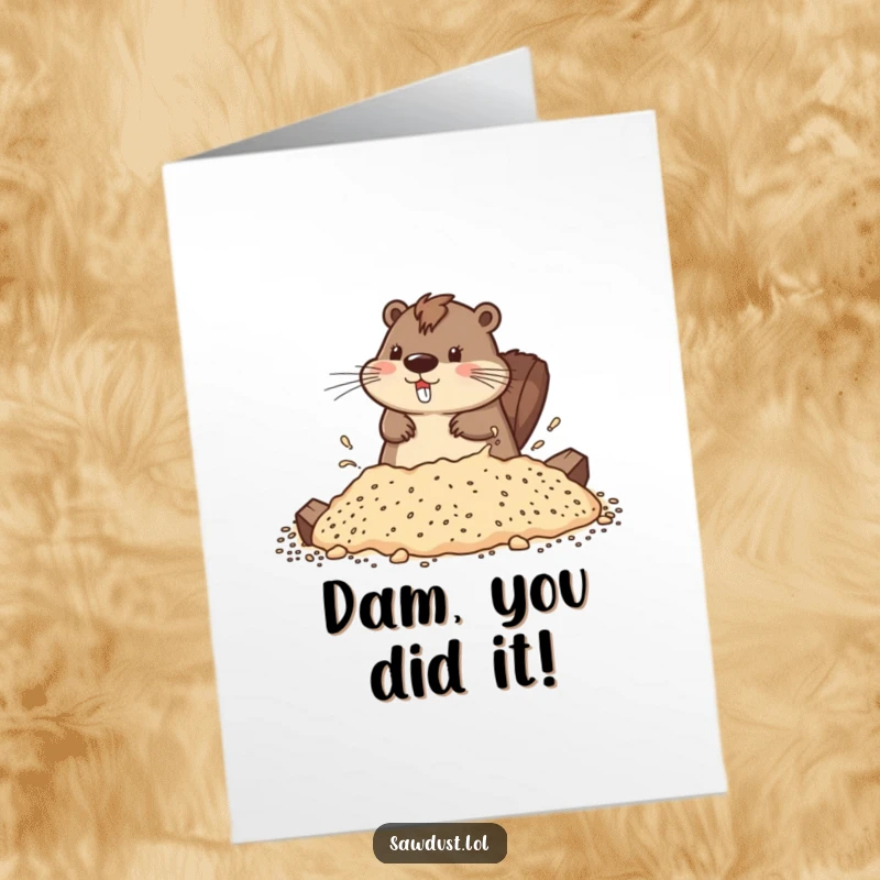Funny Free Printable Congratulations Card: A playful beaver splashing in sawdust, celebrating a job well done.