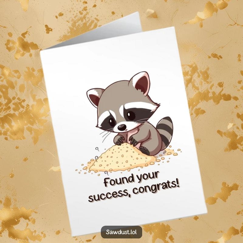 Funny Free Printable Congratulations Card: A raccoon digging through sawdust, humorously highlighting a successful search or achievement.