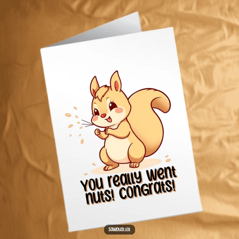 Funny Free Printable Congrats Card: Playful squirrel spraying sawdust with its tail, celebrating a truly spectacular achievement.