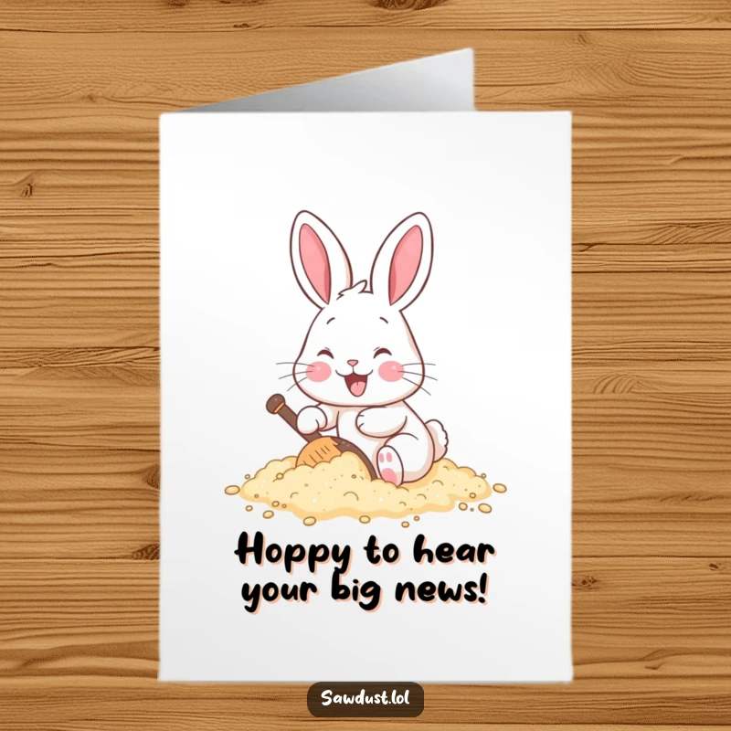 Funny Free Printable Congratulations Card: A cheerful rabbit happily digging through sawdust, celebrating success. Hilarious downloadable art.