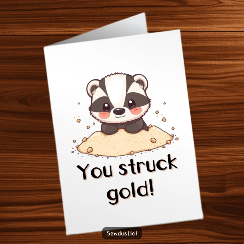 Funny Free Printable Congratulations Card: A happy badger covered in sawdust, celebrating an achievement with playful disarray, easy download.