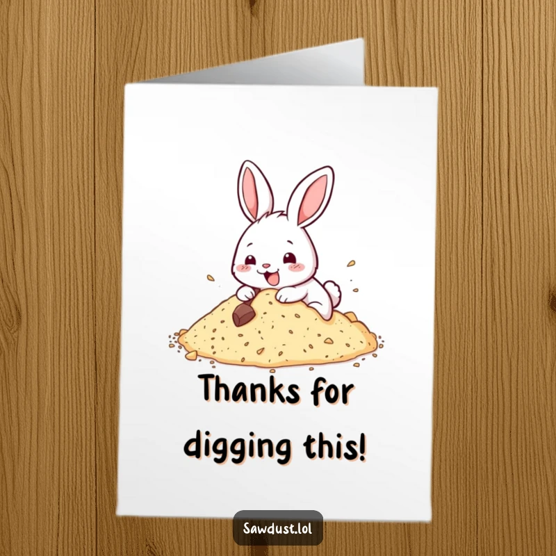 Funny Free Printable Thank You Card: A happy rabbit digging enthusiastically into sawdust, sending thanks.