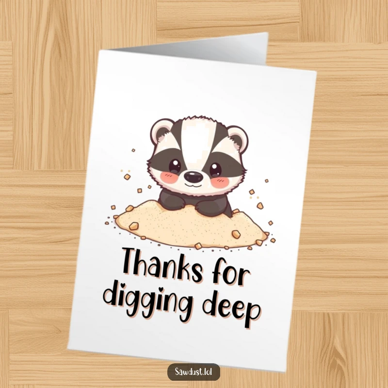 Funny Free Printable Thank You Card: A happy badger emerging from sawdust, expressing thanks with a messy charm, DIY gift.