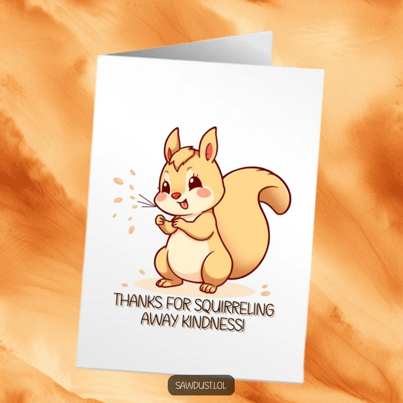 Funny Free Printable Thank You Card: Playful squirrel spraying sawdust with its tail, sending thanks in a flurry.