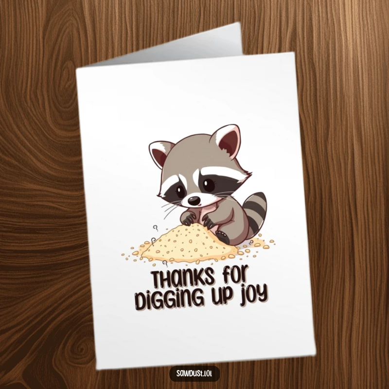 Funny Free Printable Thank You Card: A raccoon rummaging through sawdust, humorously conveying thanks for something special.