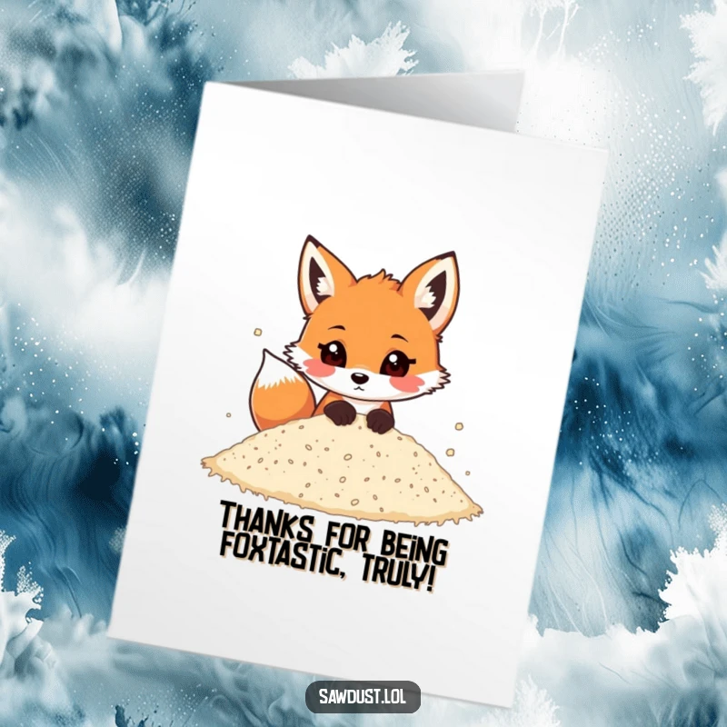 Funny Free Printable Thank You Card: A playful fox peeking from sawdust, expressing thanks. Hilarious downloadable art.