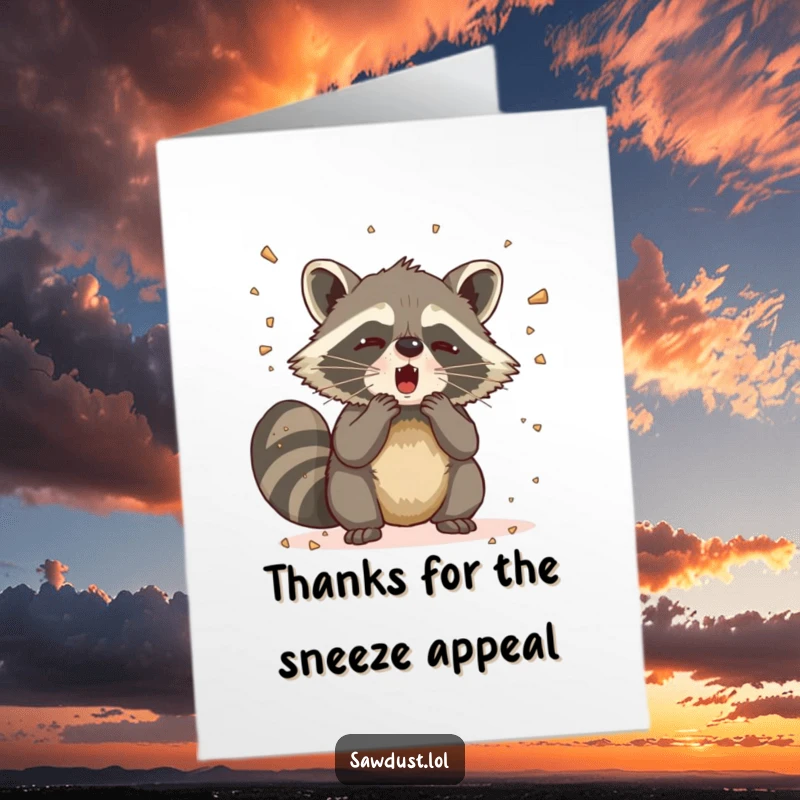 Funny Free Printable Thank You Card: Raccoon with a dramatic sneeze, sending sawdust flying as a thank you.