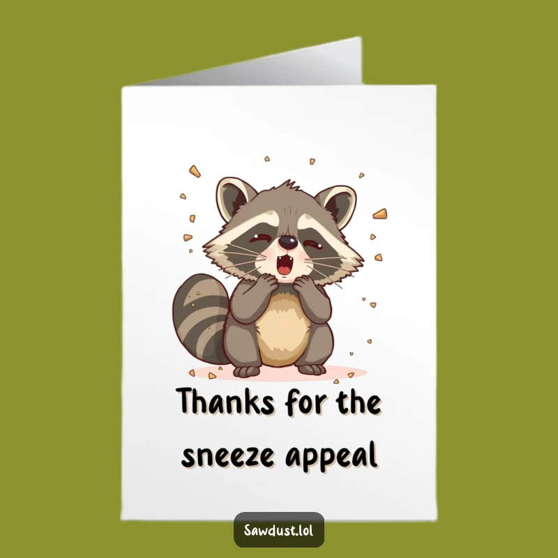 Free Printable Thank You Card: Comical Raccoon Sneeze Downloadable Gift for Expressing Gratitude