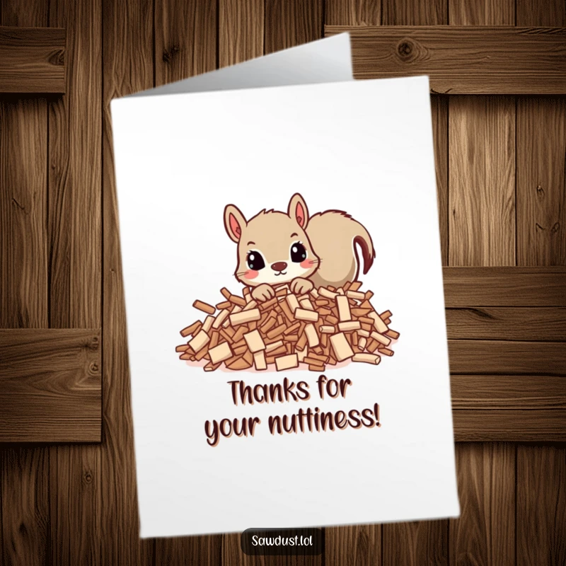 Funny Free Printable Thank You Card: A curious squirrel peeking out from wood shavings, sending thanks.