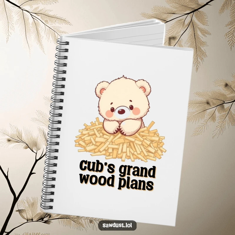 Funny notebook with an adorable fluffy bear cub happily playing in a pile of wood shavings, for notes.