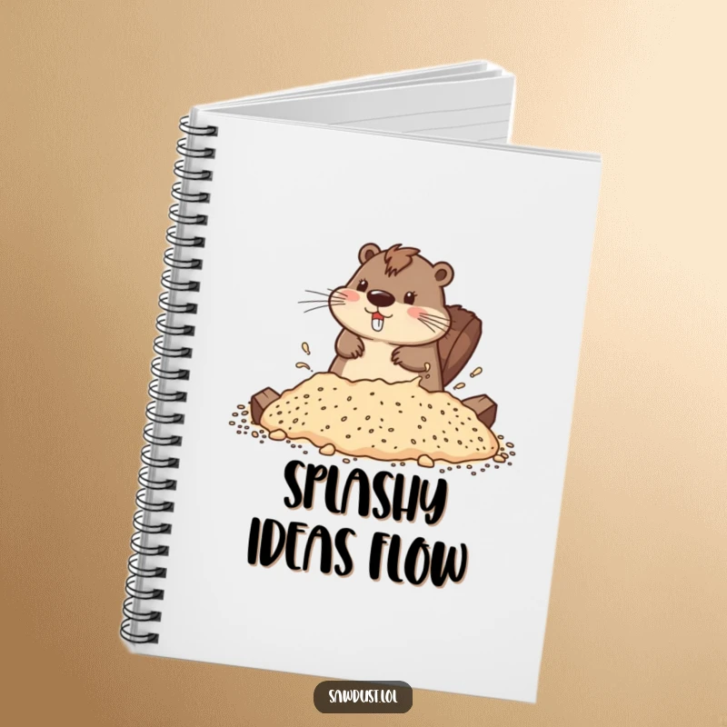 Funny notebook cover featuring a playful beaver splashing in sawdust, ready to capture your notes.