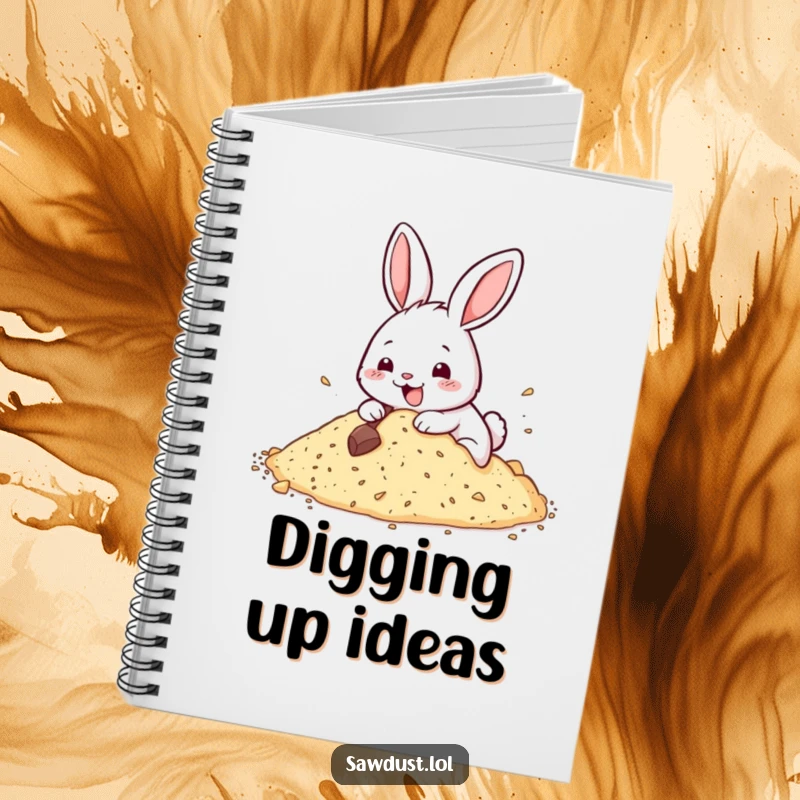 Funny notebook cover featuring a happy rabbit digging enthusiastically into sawdust, ready to capture your notes.