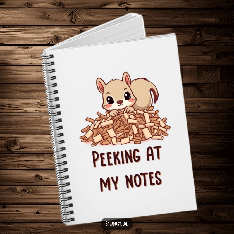 Funny notebook cover featuring a curious squirrel peeking out from wood shavings, ready to capture your notes.