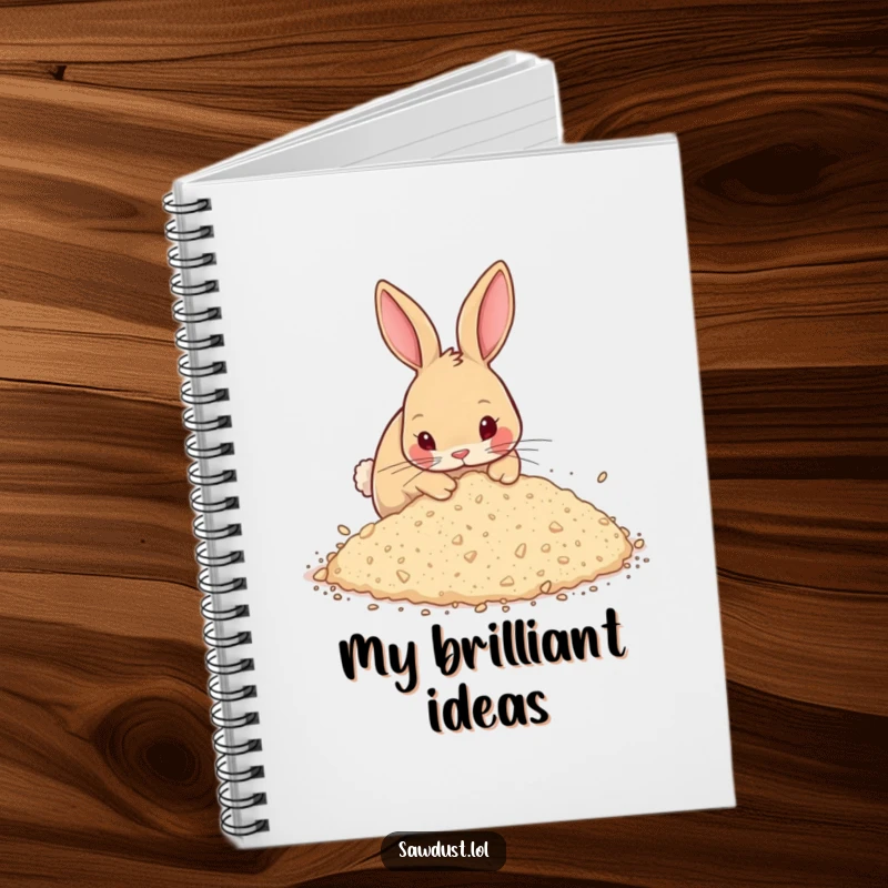 Funny Notebook cover featuring a curious rabbit energetically digging in a pile of sawdust, inspiring creative and playful writing.