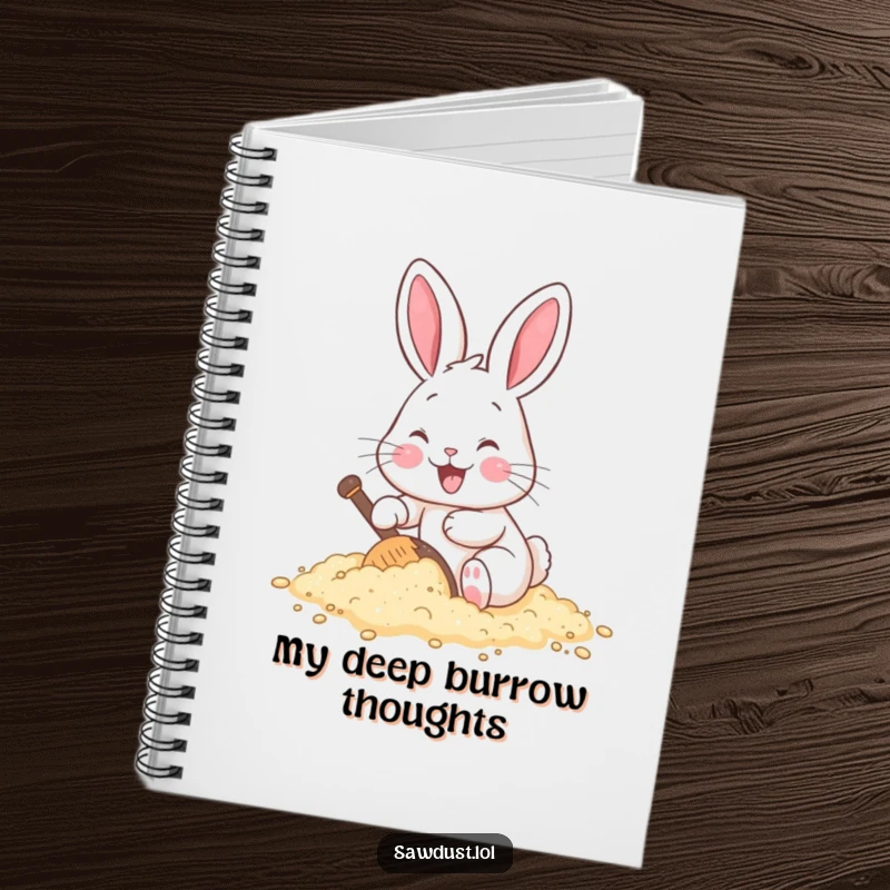 Funny notebook with a cheerful cartoon rabbit happily digging in a pile of sawdust, perfect for notes.
