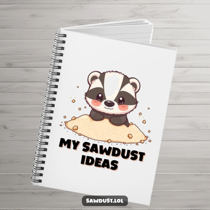 Funny Notebook: A delightful notebook cover featuring a happy badger, covered in a charming puff of sawdust.