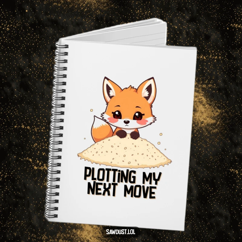 Funny notebook with a playful cartoon fox peeking out from a pile of sawdust, perfect for notes.