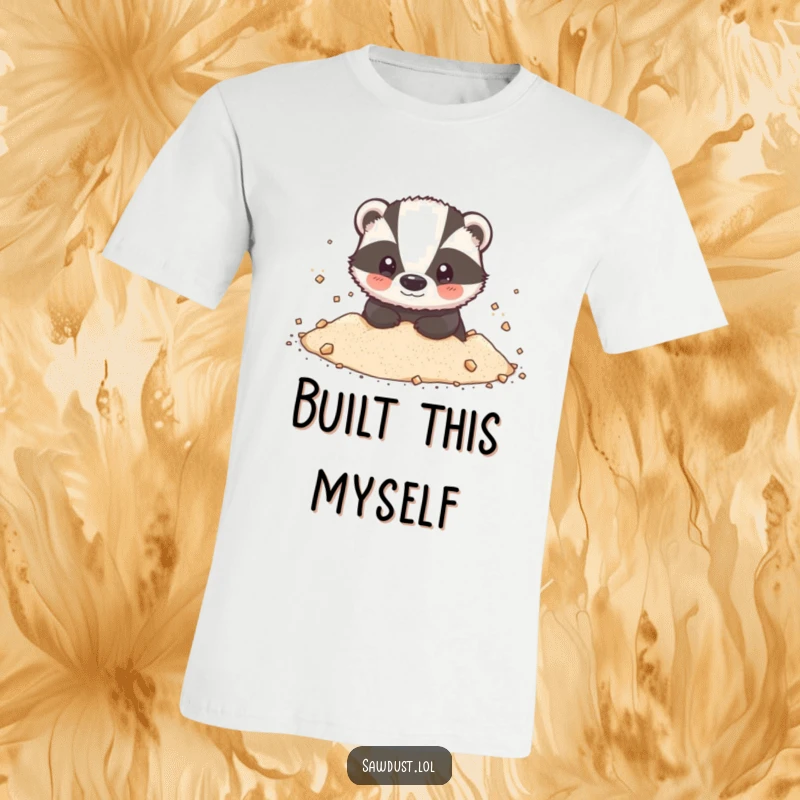Funny T-Shirt: A cute badger, looking pleased and slightly bewildered, happily covered in a cloud of fine sawdust.