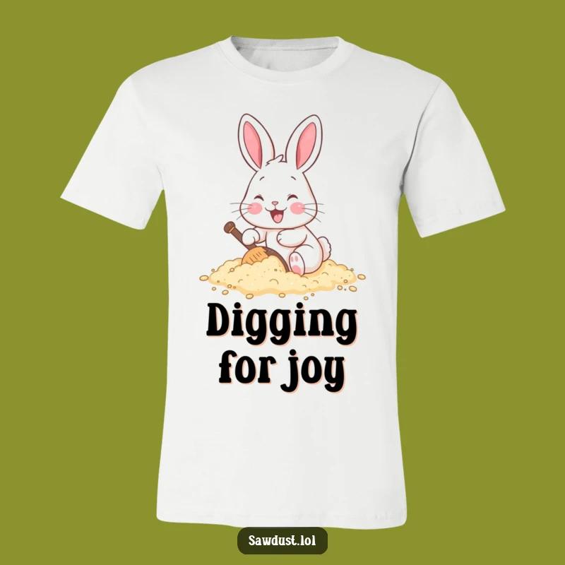 Funny Rabbit Digging Sawdust T-Shirt: Cheerful Cartoon Tee, Unique Gift Idea