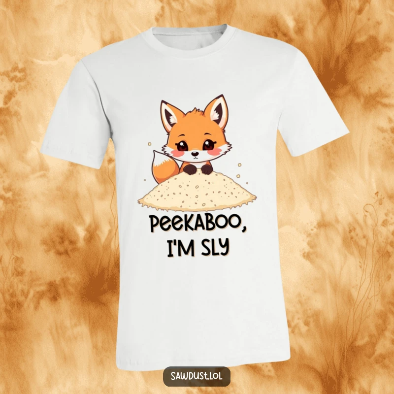 Funny t-shirt featuring a playful cartoon fox peeking out slyly from a pile of sawdust, ready to surprise.
