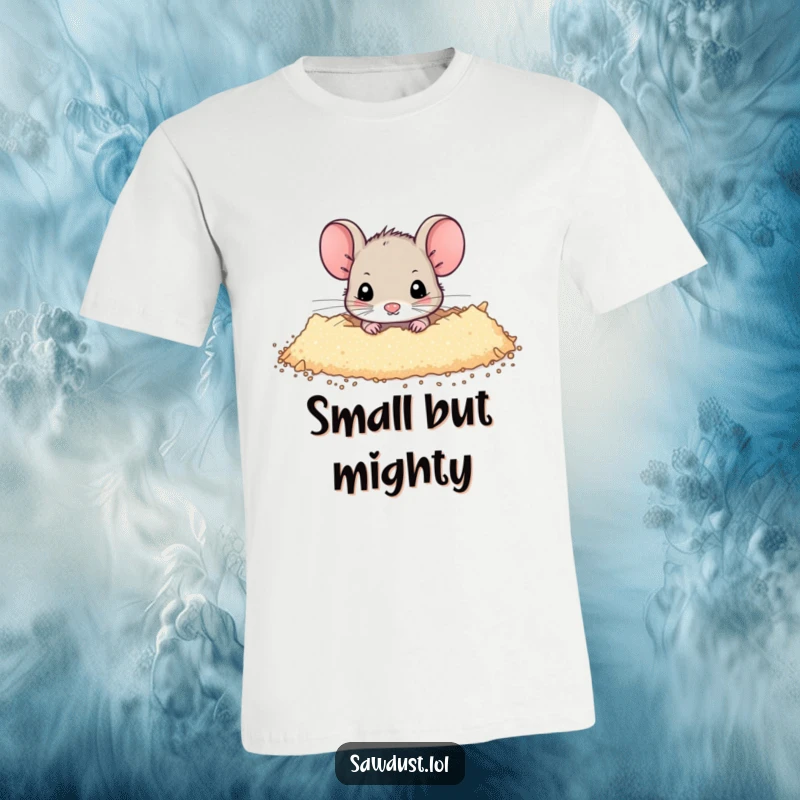 Funny T-Shirt featuring a tiny mouse peeking out from a gentle dusting of sawdust, depicting shy curiosity and endearing charm.