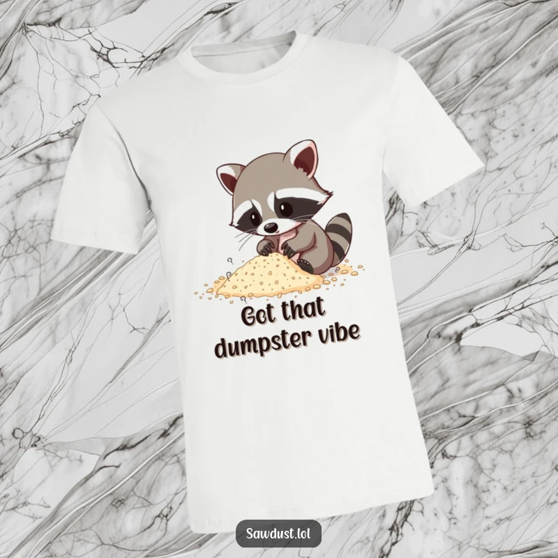Funny t-shirt graphic of a raccoon intently sifting through sawdust, searching for unseen treasures.