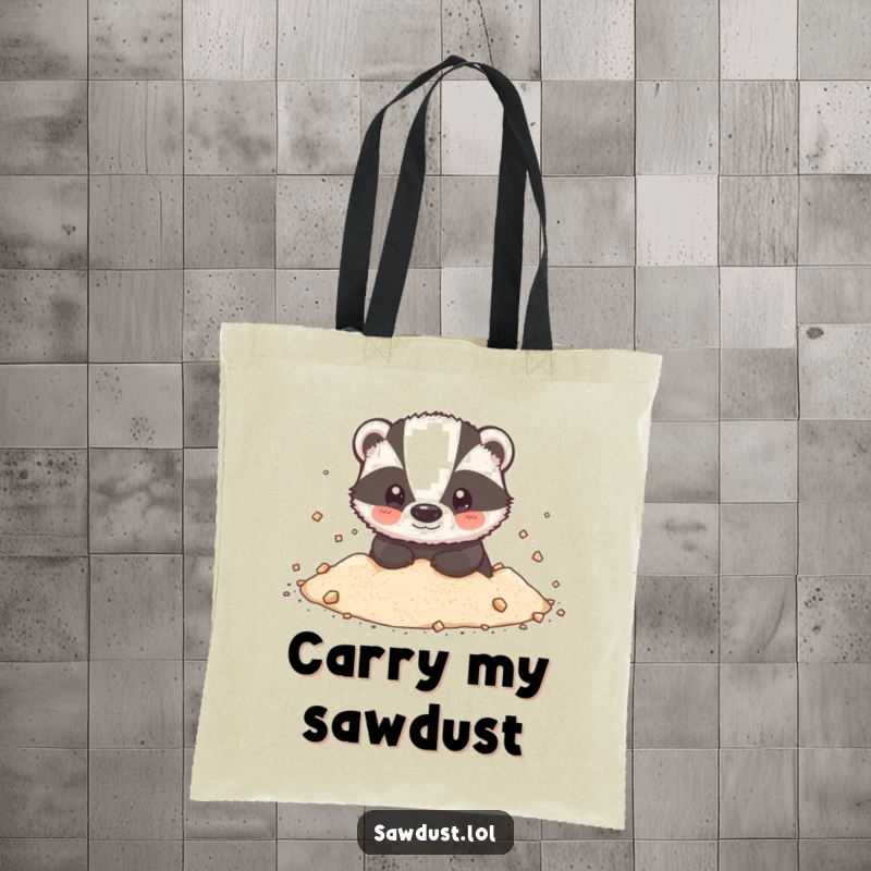 Funny Tote Bag: A charming tote featuring an adorable badger, happily covered in a delightful puff of sawdust.
