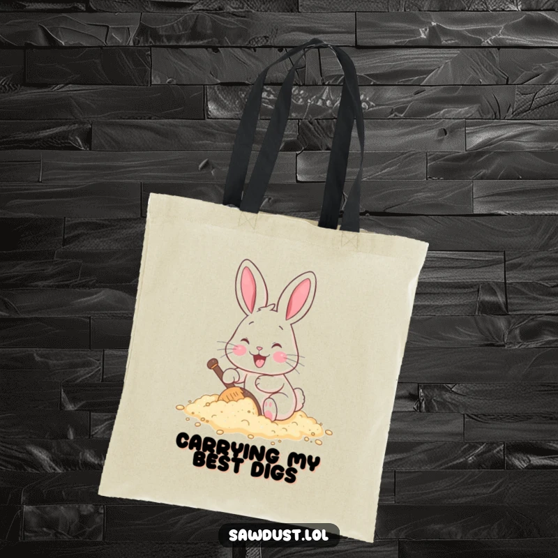 Funny tote bag printed with a cheerful cartoon rabbit happily digging its paws into a pile of sawdust.