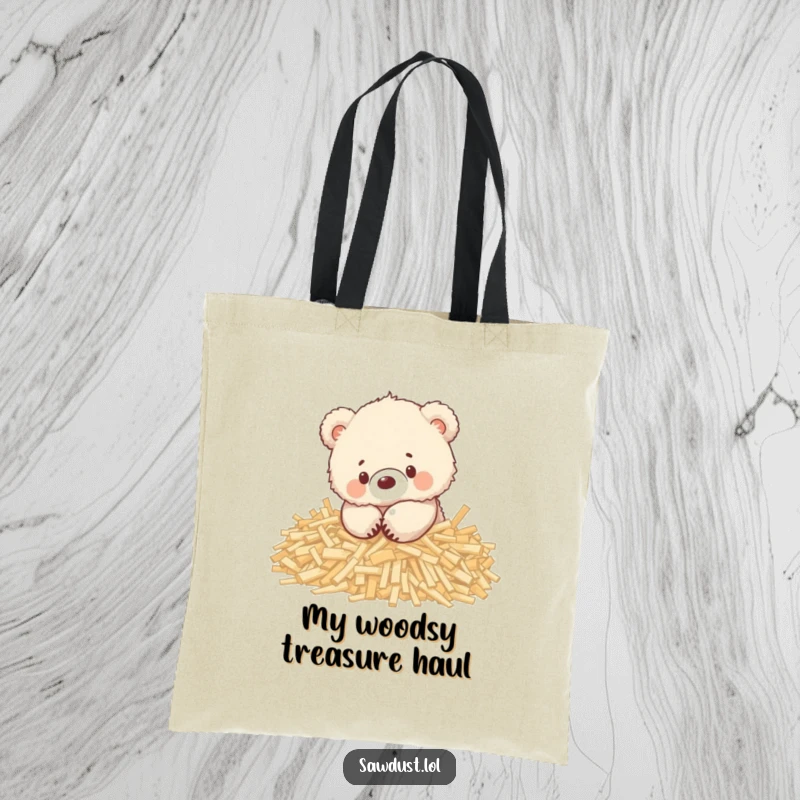 Funny tote bag printed with a happy fluffy bear cub playing excitedly in a pile of loose wood shavings.