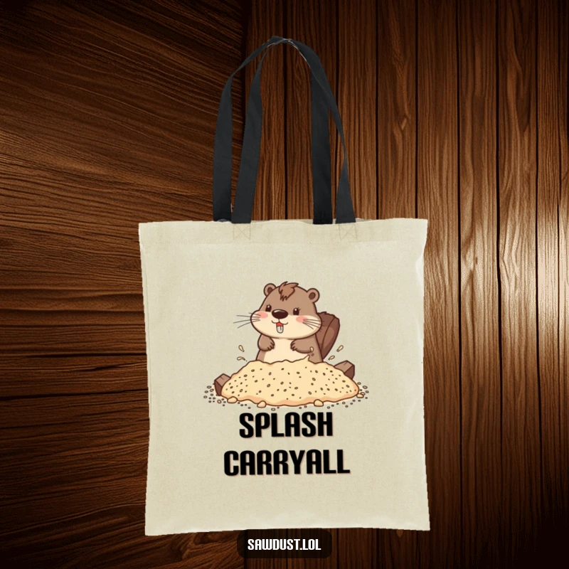 Funny tote bag featuring a playful beaver splashing in sawdust, ideal for carrying essentials with a smile.