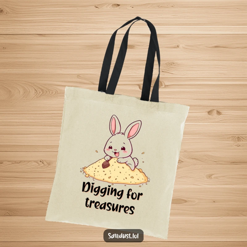 Funny tote bag featuring a happy rabbit digging enthusiastically into sawdust, ideal for carrying essentials with a smile.