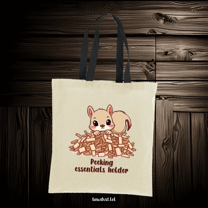 Funny tote bag featuring a curious squirrel peeking from behind wood shavings, ideal for carrying essentials with a smile.
